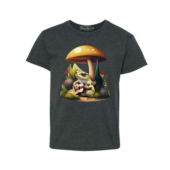 Shop4Ever Kids Frog Playing Guitar Mushroom Cottagecore Graphic Child's Youth T-Shirt X-Large Dark Heather