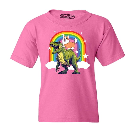 Shop4Ever Kids Funny Corgi Riding Dinosaur and Rainbow Graphic Child's Youth T-Shirt Medium Azalea Pink