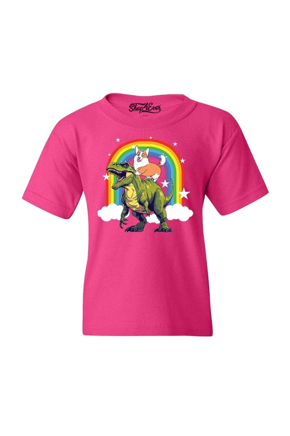 Kids Funny Corgi Riding Dinosaur and Rainbow Graphic Child's Youth T-Shirt Medium Heliconia Pink