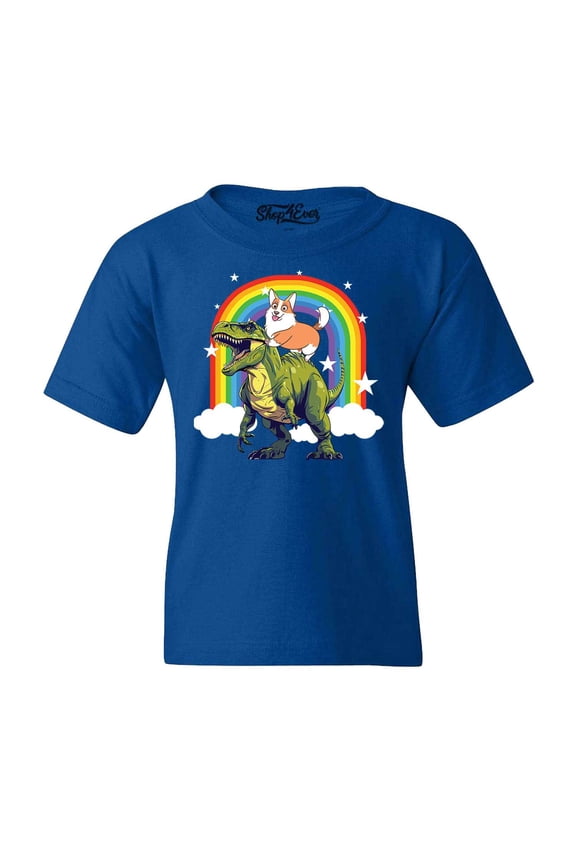 Kids Funny Corgi Riding Dinosaur and Rainbow Graphic Child's Youth T-Shirt X-Large Royal Blue
