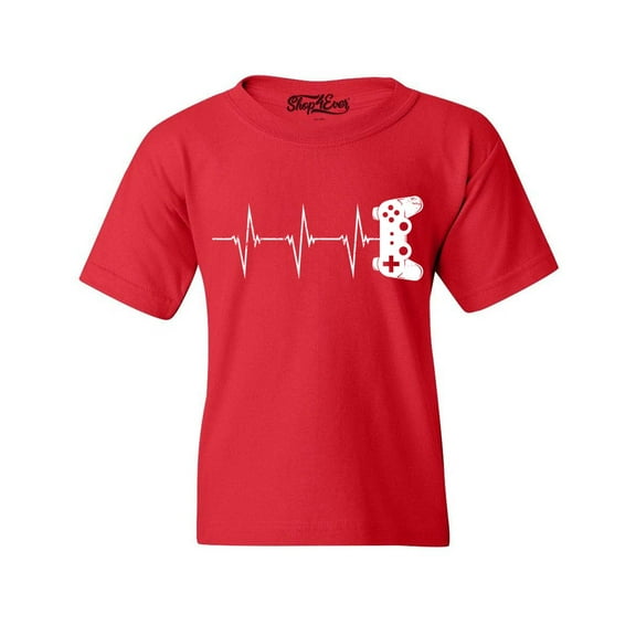 Shop4Ever Kids Gamer Heartbeat Controller Graphic Child's Youth T-Shirt Large Red