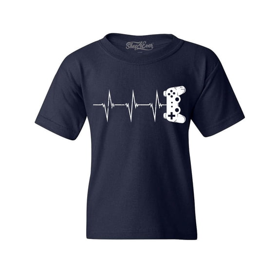 Shop4Ever Kids Gamer Heartbeat Controller Graphic Child's Youth T-Shirt X-Large Navy Blue