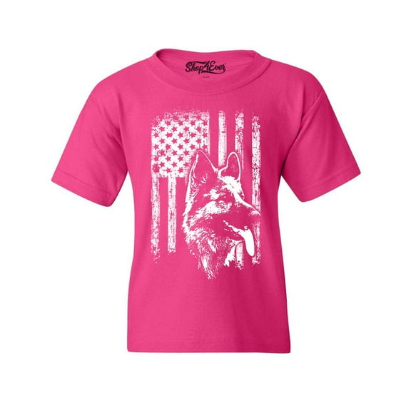 Shop4Ever Kids German Shepherd American Flag Graphic Child's Youth T-Shirt Medium Heliconia Pink
