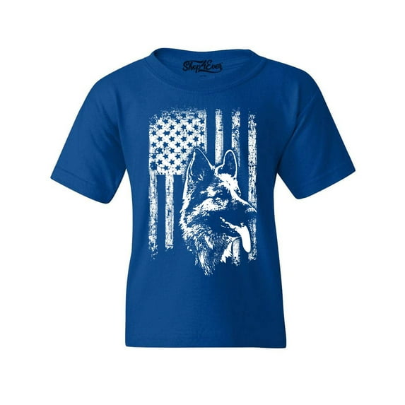 Shop4Ever Kids German Shepherd American Flag Graphic Child's Youth T-Shirt Medium Royal Blue