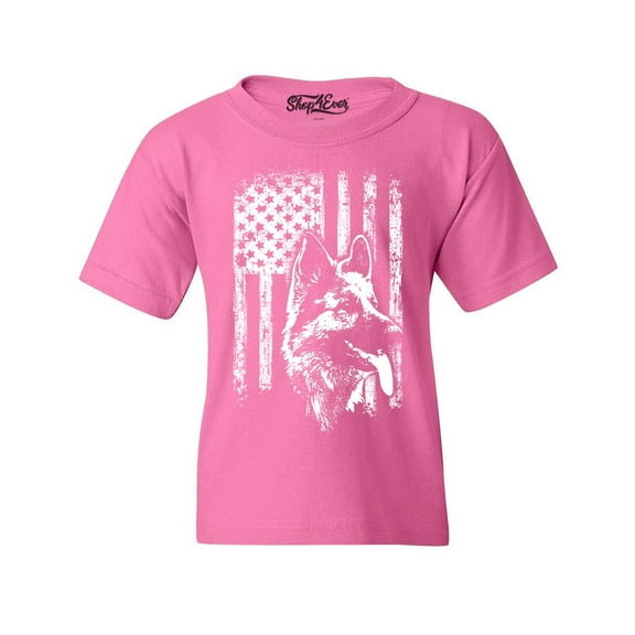 Shop4Ever Kids German Shepherd American Flag Graphic Child's Youth T-Shirt X-Large Azalea Pink
