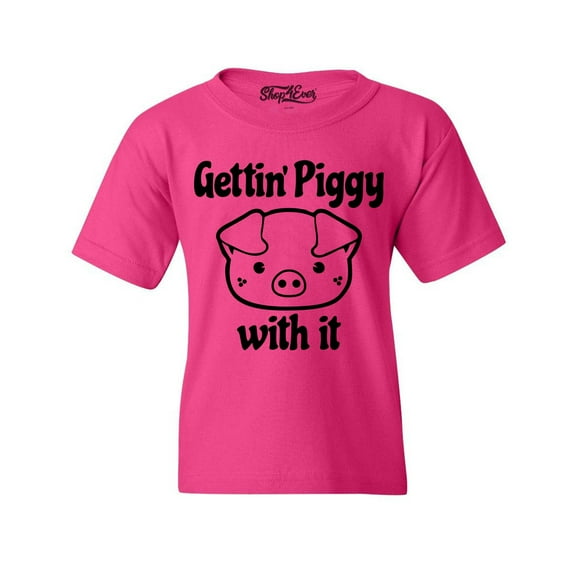Shop4Ever Kids Getting' Piggy with It Graphic Child's Youth T-Shirt Large Heliconia Pink