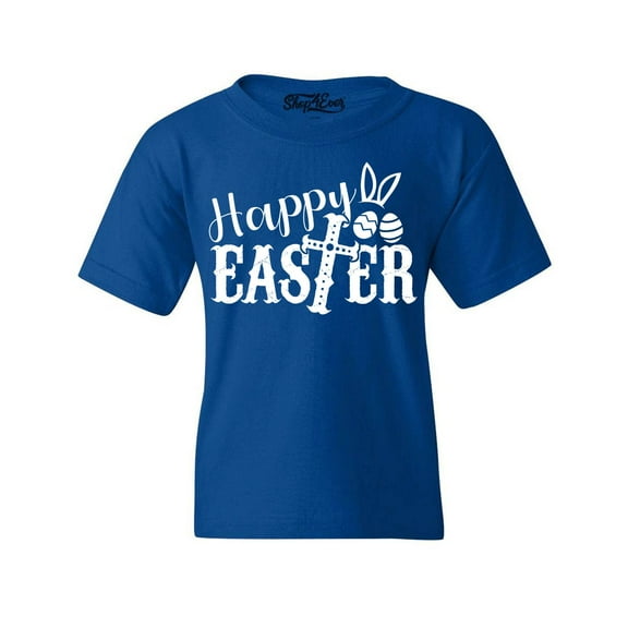 Shop4Ever Kids Happy Easter With Cross Graphic Child's Youth T-Shirt X-Small Royal Blue