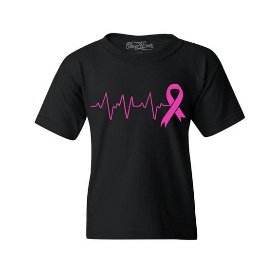 Shop4Ever Kids Heartbeat Pink Ribbon Breast Cancer Awareness Graphic Child's Youth T-Shirt X-Large Black