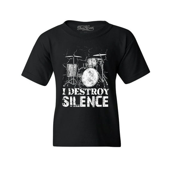 Shop4Ever Kids I Destroy Silence Drums Drummer Graphic Child's Youth T-Shirt Medium Black
