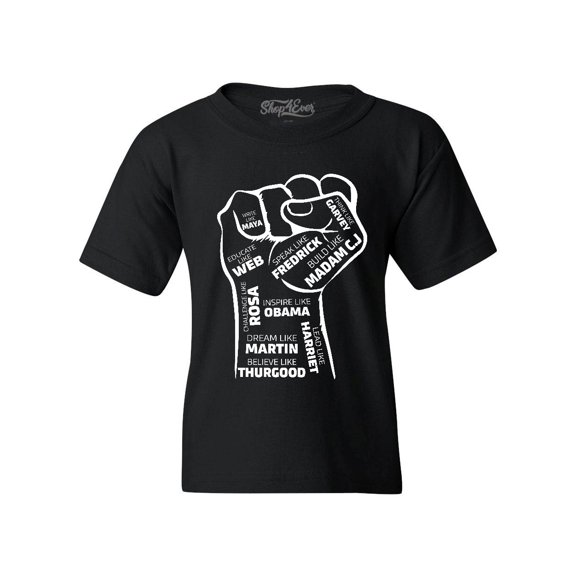 Shop4Ever Kids Inspiring Black Leaders Fist Graphic Child's Youth T-Shirt X-Large Black