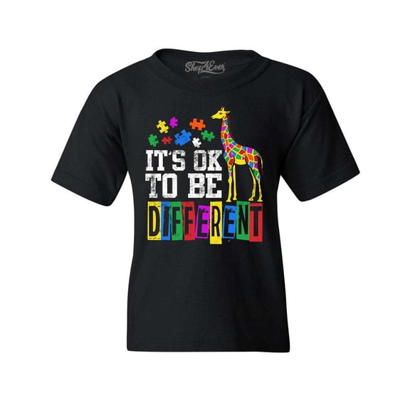 Shop4Ever Kids It's OK to Be Different Autism Awareness Giraffe Graphic Child's Youth T-Shirt Medium Black