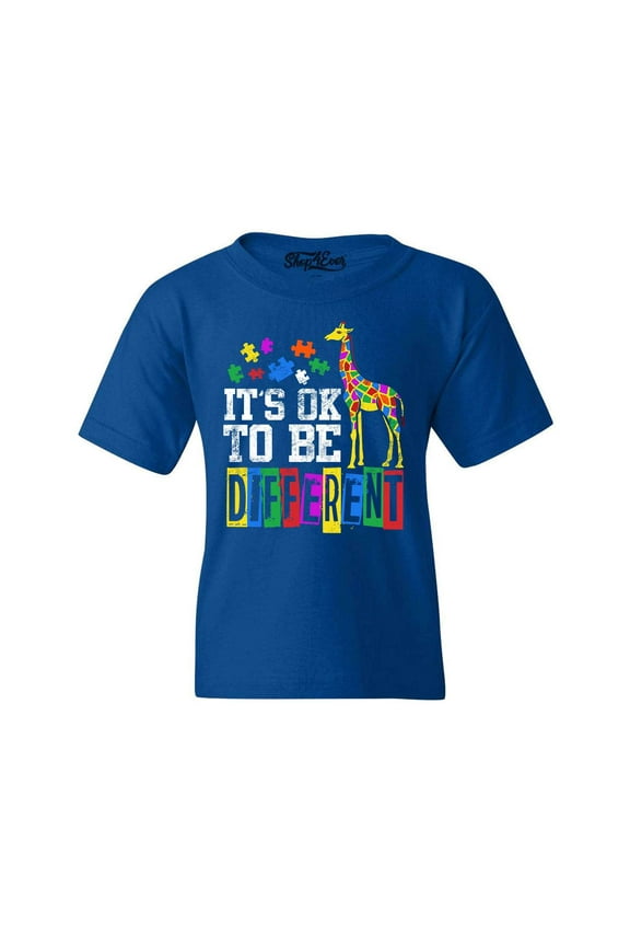 Kids It's OK to Be Different Autism Awareness Giraffe Graphic Child's Youth T-Shirt Small Royal Blue