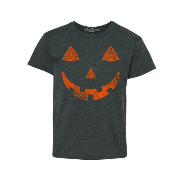 Shop4Ever Kids Jack O'Lantern Costume Pumpkin Face Halloween Graphic Child's Youth T-Shirt Large Dark Heather