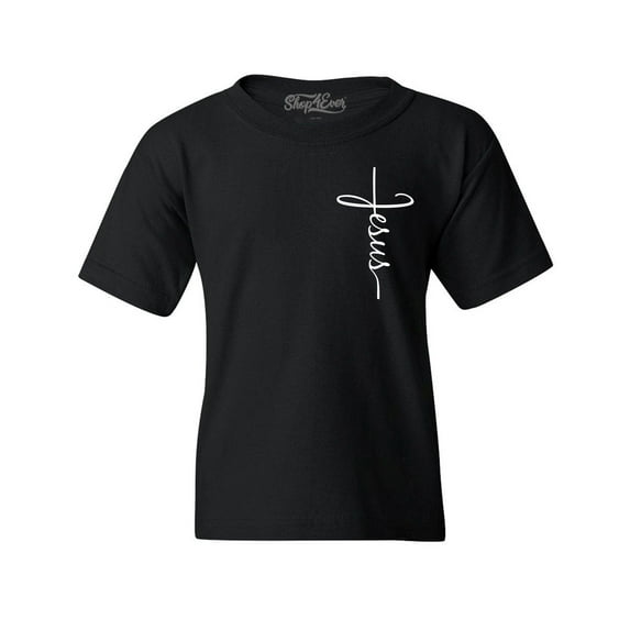 Shop4Ever Kids Jesus Cross Cursive Script Small Graphic Child's Youth T-Shirt Large Black