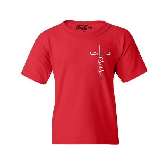 Shop4Ever Kids Jesus Cross Cursive Script Small Graphic Child's Youth T-Shirt Large Red