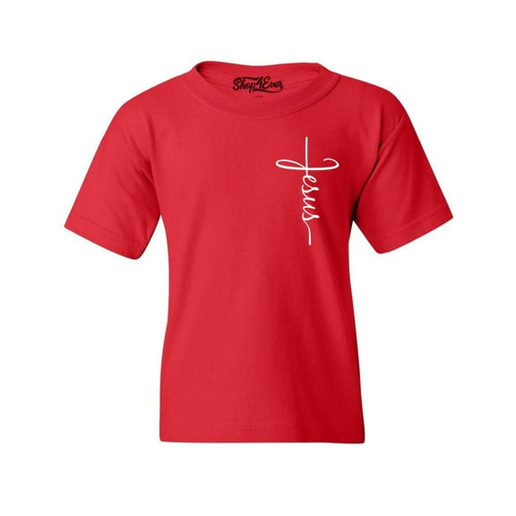 Shop4Ever Kids Jesus Cross Cursive Script Small  Graphic Child's Youth T-Shirt X-Large Red