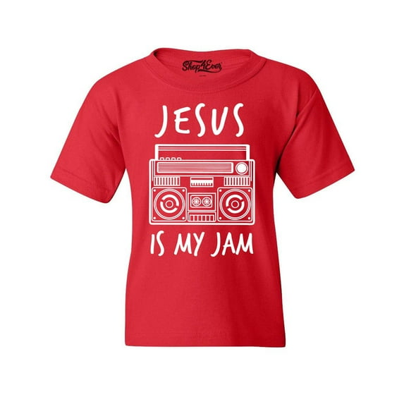 Shop4Ever Kids Jesus Is My Jam Funny Christian Faith Novelty Graphic Child's Youth T-Shirt Large Red