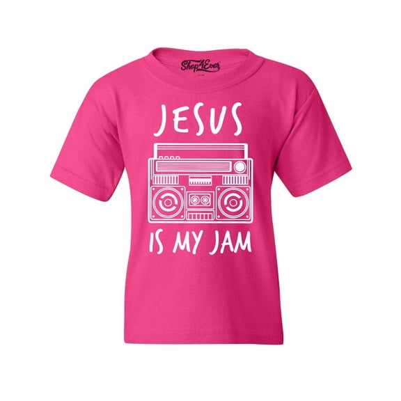 Shop4Ever Kids Jesus Is My Jam Funny Christian Faith Novelty Graphic Child's Youth T-Shirt X-Small Heliconia Pink