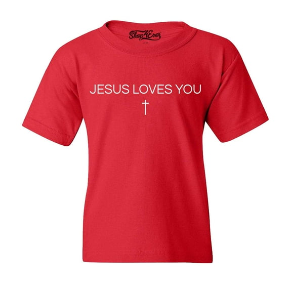 Shop4Ever Kids Jesus Loves You Minimal Cross Graphic Child's Youth T-Shirt Small Red