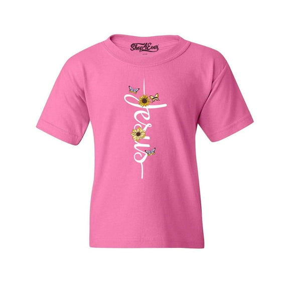 Shop4Ever Kids Jesus Script Cross with Flowers and Butterflies Graphic Child's Youth T-Shirt Small Azalea Pink