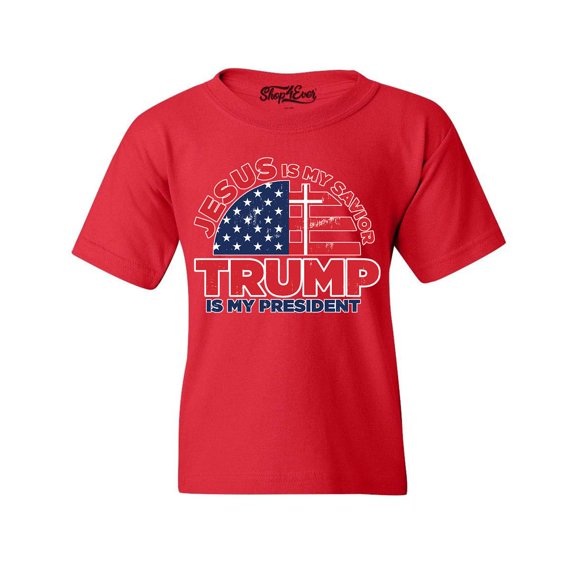 Shop4Ever Kids Jesus is My Savior Trump is My President Graphic Child's Youth T-Shirt X-Large Red