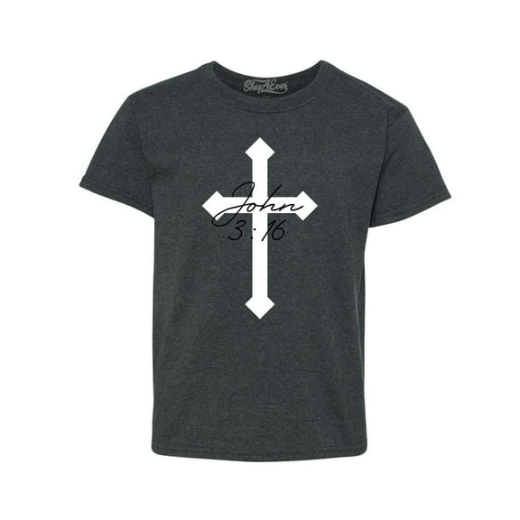 Shop4Ever Kids John 3:16 Bible Verse Script Cross Graphic Child's Youth T-Shirt Large Dark Heather