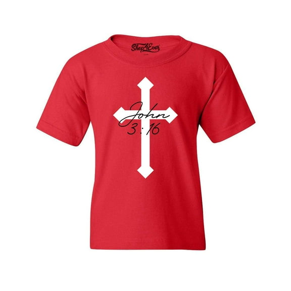 Shop4Ever Kids John 3:16 Bible Verse Script Cross Graphic Child's Youth T-Shirt Large Red