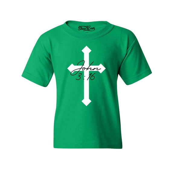 Shop4Ever Kids John 3:16 Bible Verse Script Cross Graphic Child's Youth T-Shirt Small Irish Green
