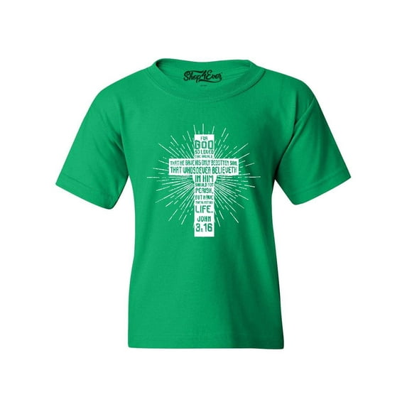 Shop4Ever Kids John 3:16 Cross Graphic Child's Youth T-Shirt Large Irish Green