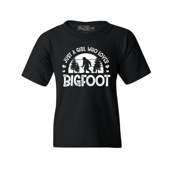 Shop4Ever Kids Just A Girl Who Loves Bigfoot Graphic Child's Youth T-Shirt Small Black