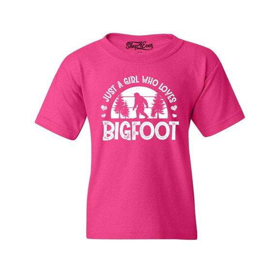 Shop4Ever Kids Just A Girl Who Loves Bigfoot Graphic Child's Youth T-Shirt X-Small Heliconia Pink