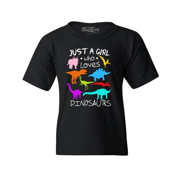 Shop4Ever Kids Just A Girl Who Loves Dinosaurs Dino Graphic Child's Youth T-Shirt Large Black
