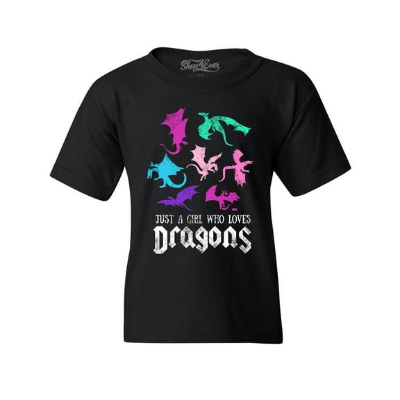 Shop4Ever Kids Just A Girl Who Loves Dragons Graphic Child's Youth T-Shirt Large Black