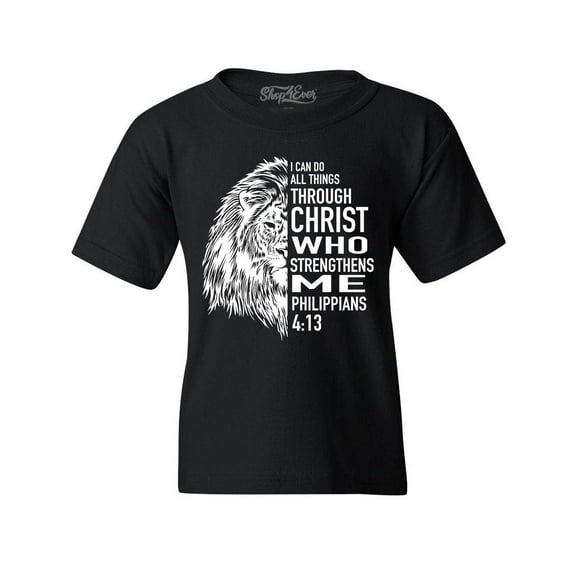 Shop4Ever Kids Lion Verse I Can Do All Things Through Christ Graphic Child's Youth T-Shirt Medium Black