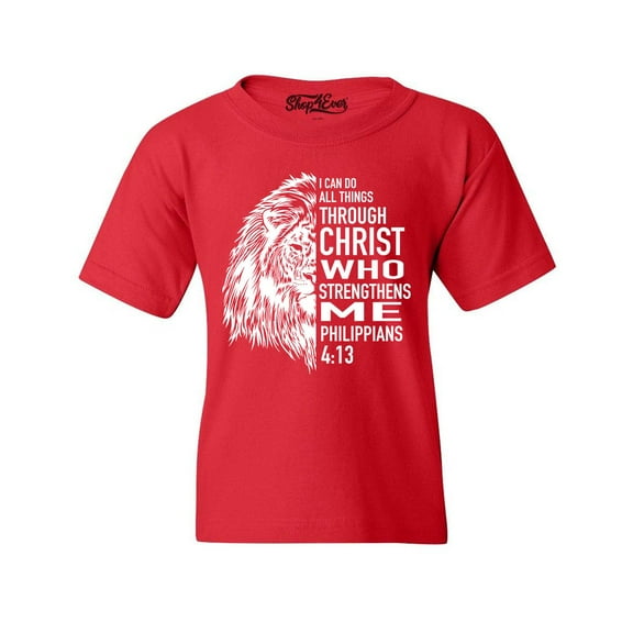 Shop4Ever Kids Lion Verse I Can Do All Things Through Christ Graphic Child's Youth T-Shirt X-Large Red