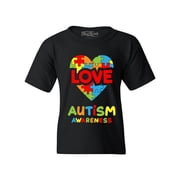 Shop4Ever Kids Love Puzzle Heart Autism Awareness Graphic Childs Youth T-Shirt Large Black