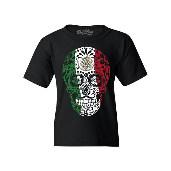 Shop4Ever Kids Mexican Flag Skull Day of the Dead Graphic Child's Youth T-Shirt Small Black