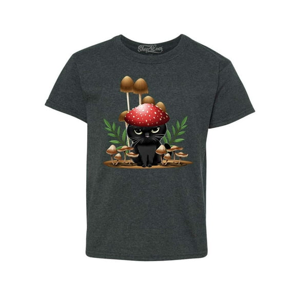 Shop4Ever Kids Mushroom Cat Cottagecore Graphic Child's Youth T-Shirt X-Large Dark Heather