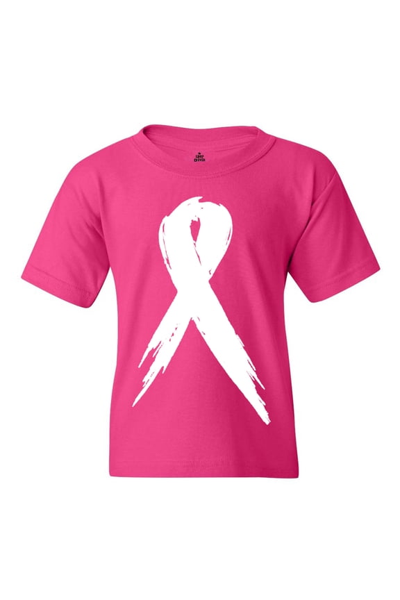Kids Pink Breast Cancer Awareness White Ribbon Graphic Child's Youth T-Shirt Small Heliconia Pink