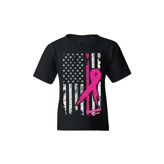 Shop4Ever Kids Pink Breast Cancer Ribbon American Flag Graphic Child's Youth T-Shirt Large Black