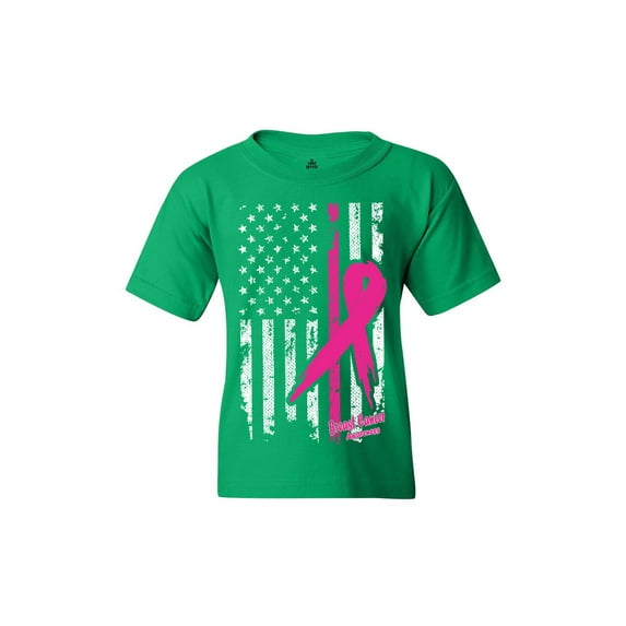 Shop4Ever Kids Pink Breast Cancer Ribbon American Flag Graphic Child's Youth T-Shirt X-Large Irish Green