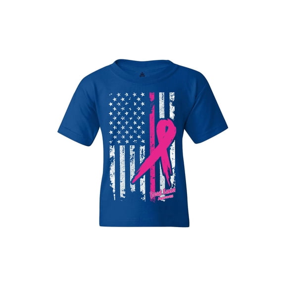 Shop4Ever Kids Pink Breast Cancer Ribbon American Flag Graphic Child's Youth T-Shirt X-Small Royal Blue
