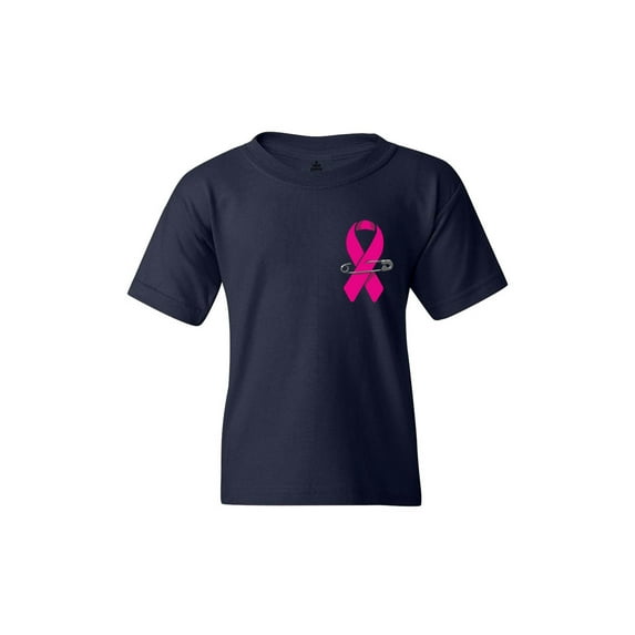 Shop4Ever Kids Pink Breast Cancer Ribbon Pin Breast Cancer Graphic Child's Youth T-Shirt Medium Navy Blue