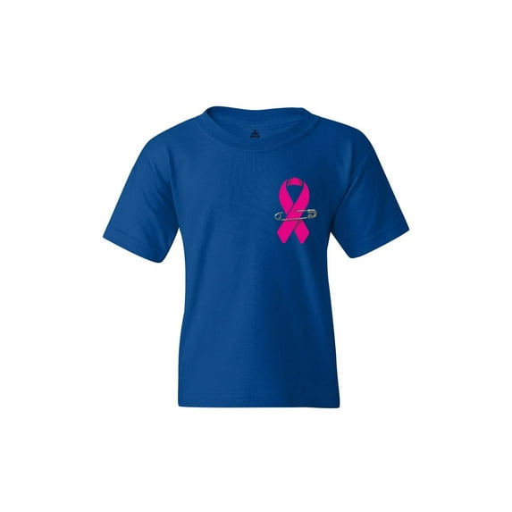 Shop4Ever Kids Pink Breast Cancer Ribbon Pin Breast Cancer Graphic Child's Youth T-Shirt Medium Royal Blue