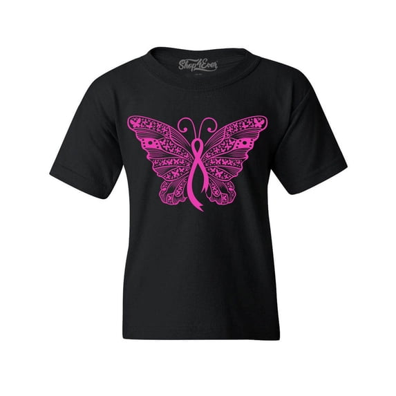Shop4Ever Kids Pink Ribbon Butterfly Breast Cancer Awareness Graphic Child's Youth T-Shirt X-Large Black