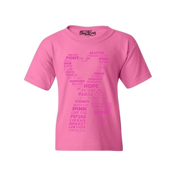 Shop4Ever Kids Pink Ribbon Heart Montage Word Cloud Breast Cancer Graphic Child's Youth T-Shirt Small Azalea Pink