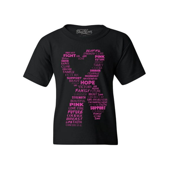 Shop4Ever Kids Pink Ribbon Heart Montage Word Cloud Breast Cancer Graphic Child's Youth T-Shirt Small Black