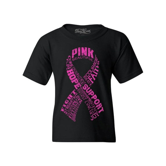 Shop4Ever Kids Pink Ribbon Montage Word Cloud Breast Cancer Graphic Child's Youth T-Shirt Small Black
