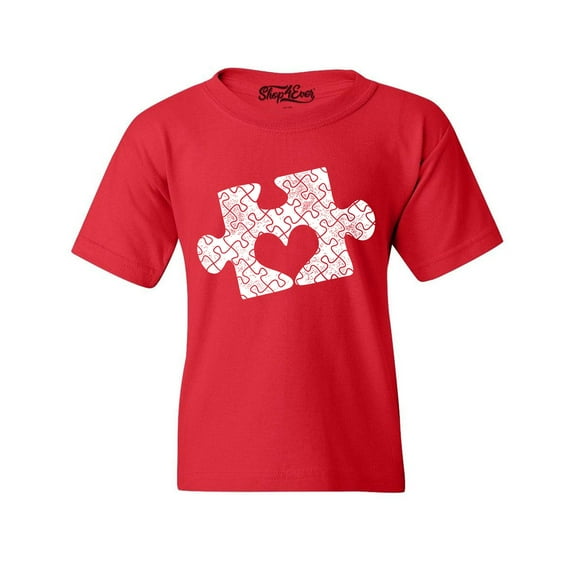 Shop4Ever Kids Puzzle Heart Autism Awareness Graphic Child's Youth T-Shirt Large Red