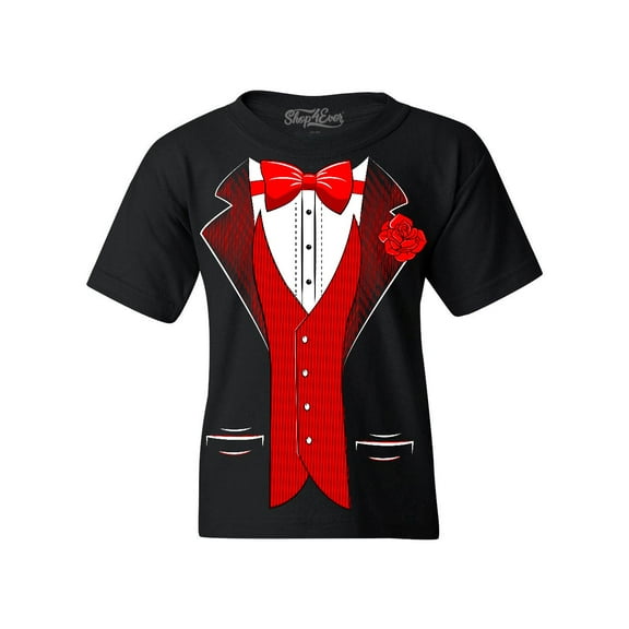 Shop4Ever Kids Red Bow Tie Classic Tuxedo with Rose Flower Graphic Child's Youth T-Shirt Medium Black